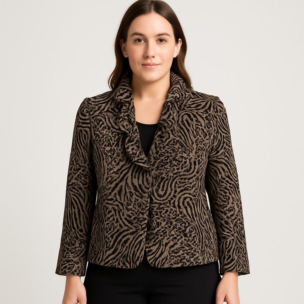 Marisa Christina Women’s Animal Print Blazer with Ruffle Collar – Size Large EUC